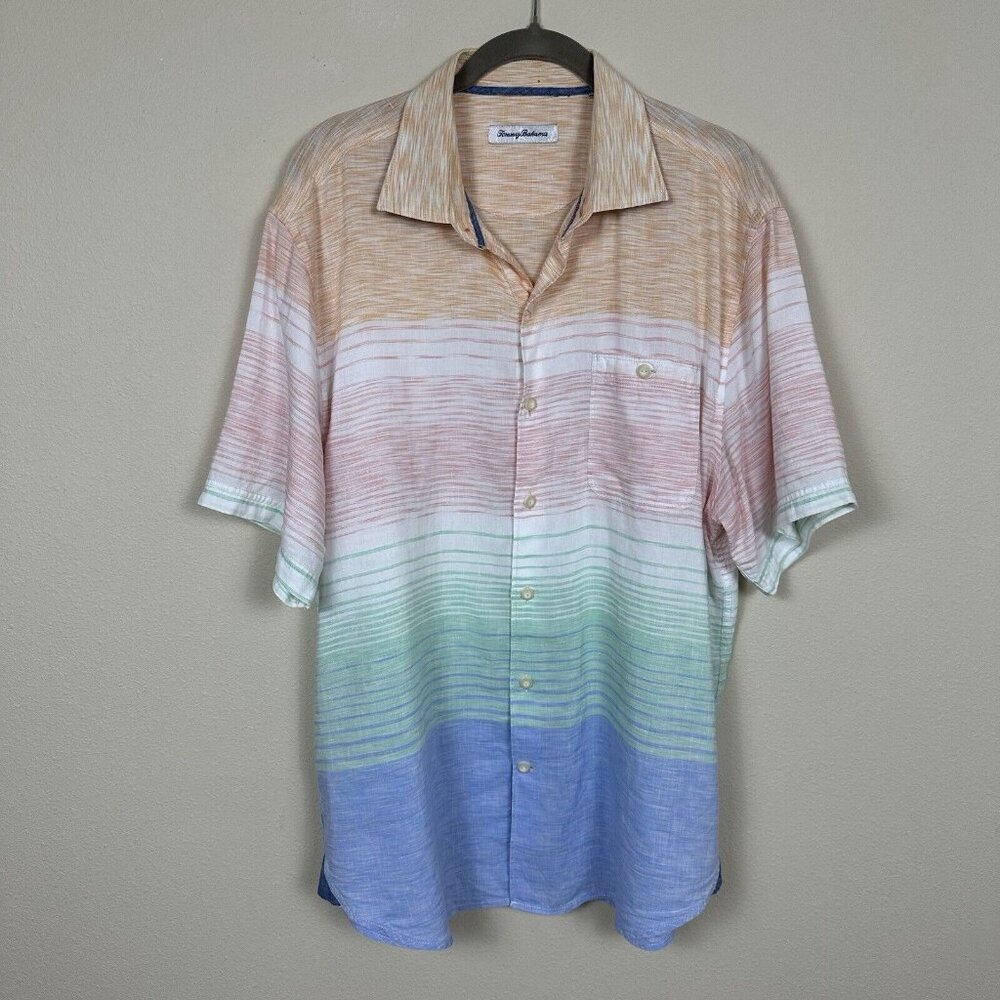 Tommy Bahama LINEN BLEND Mens Size Large Short Sleeve Button Up Shirt Striped - Picture 10 of 10
